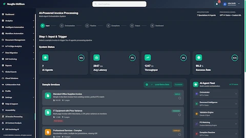 Input & Trigger Dashboard - System status with 7 AI agents, sample invoice selection, and agent fleet overview for initiating processing